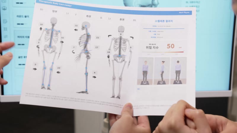 정면·측면·후면 골격과 점수가 인쇄된 모티피지오 결과지